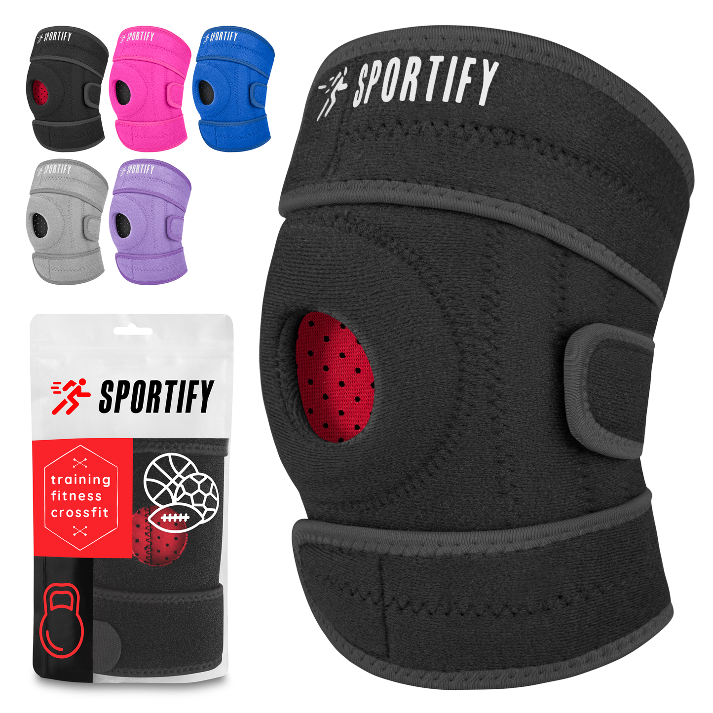 SPORTIFY Rodillera de Compresión para Estabilidad y Alivio del Dolor de Rodilla de Neopreno con Arillo de Gel Integrado para Soporte de Rótula Meniscos de las Rodillas Transpirable para Correr, Basketball, Spinning, Gimnasio, Crossfit, Pilates. Talla ÚNI