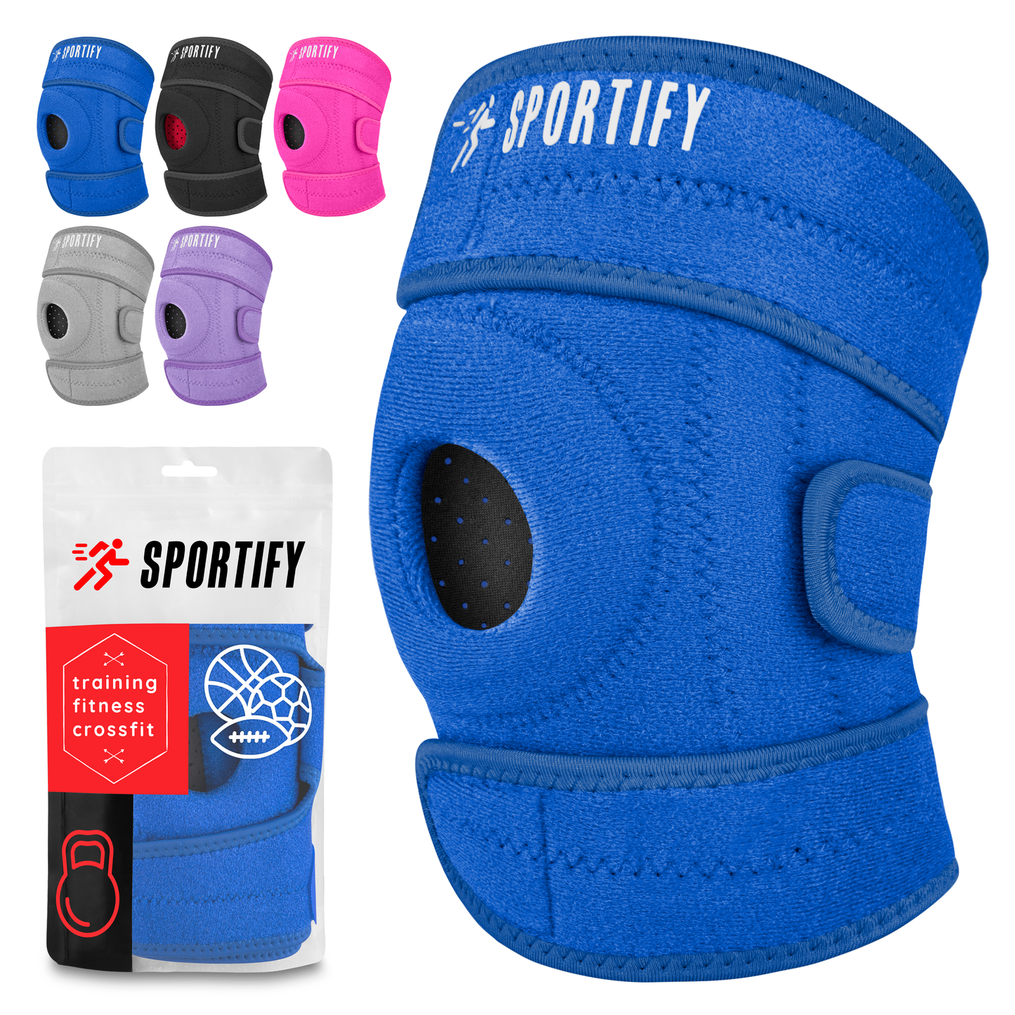 SPORTIFY Rodillera de Compresión para Estabilidad y Alivio del Dolor de Rodilla de Neopreno con Arillo de Gel Integrado para Soporte de Rótula Meniscos de las Rodillas Transpirable para Correr, Basketball, Spinning, Gimnasio, Crossfit, Pilates. Talla ÚNI