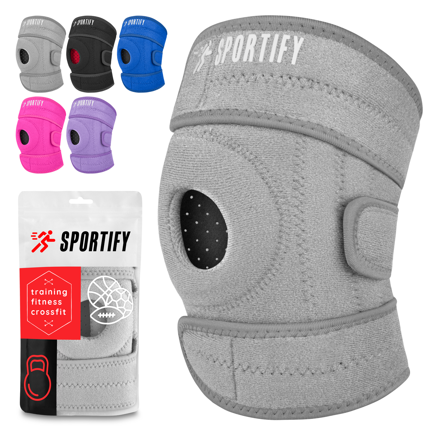 SPORTIFY Rodillera de Compresión para Estabilidad y Alivio del Dolor de Rodilla de Neopreno con Arillo de Gel Integrado para Soporte de Rótula Meniscos de las Rodillas Transpirable para Correr, Basketball, Spinning, Gimnasio, Crossfit, Pilates. Talla ÚNI