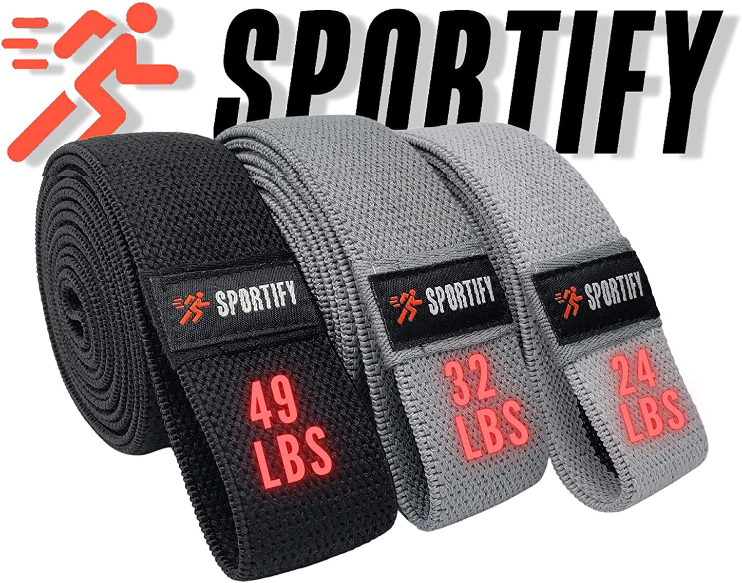 SPORTIFY Set 3 Bandas Largas de Resistencia de Tela Antideslizantes Uso Rudo Durables Suaves Lavables 3 Niveles de Resistencia para Ejercicios Full Body Tonifican Fortalecen Piernas Gluteos Brazos Espalda Lagartijas Peso Libre Crossfit LAS ORIGINALES y C