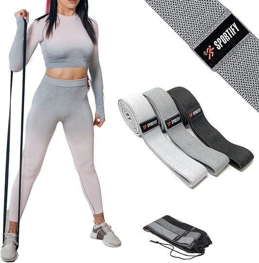 SPORTIFY Set 3 Bandas Largas de Resistencia de Tela Antideslizantes Uso Rudo Durables Suaves Lavables 3 Niveles de Resistencia para Ejercicios Full Body Tonifican Fortalecen Piernas Gluteos Brazos Espalda Lagartijas Peso Libre Crossfit LAS ORIGINALES y C