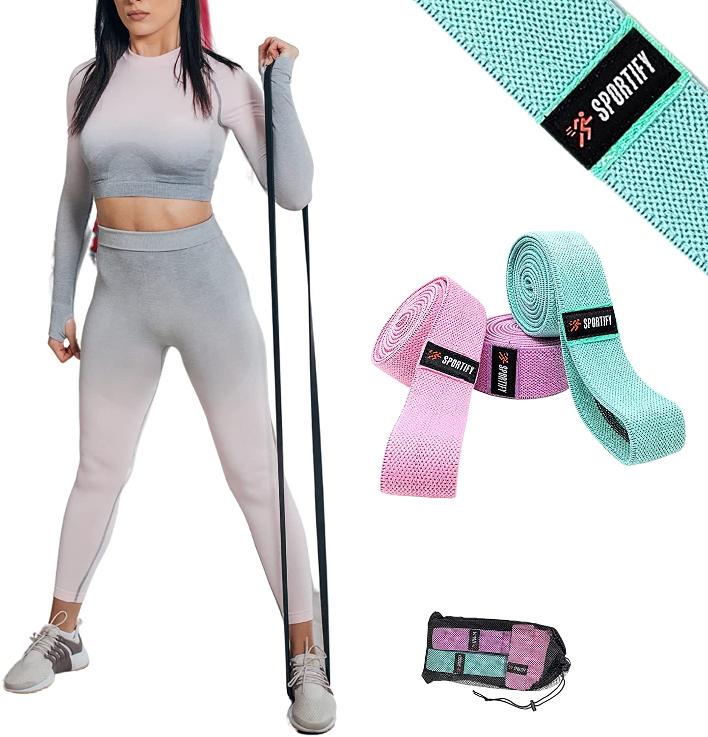 SPORTIFY Set 3 Bandas Largas de Resistencia de Tela Antideslizantes Uso Rudo Durables Suaves Lavables 3 Niveles de Resistencia para Ejercicios Full Body Tonifican Fortalecen Piernas Gluteos Brazos Espalda Lagartijas Peso Libre Crossfit LAS ORIGINALES y C